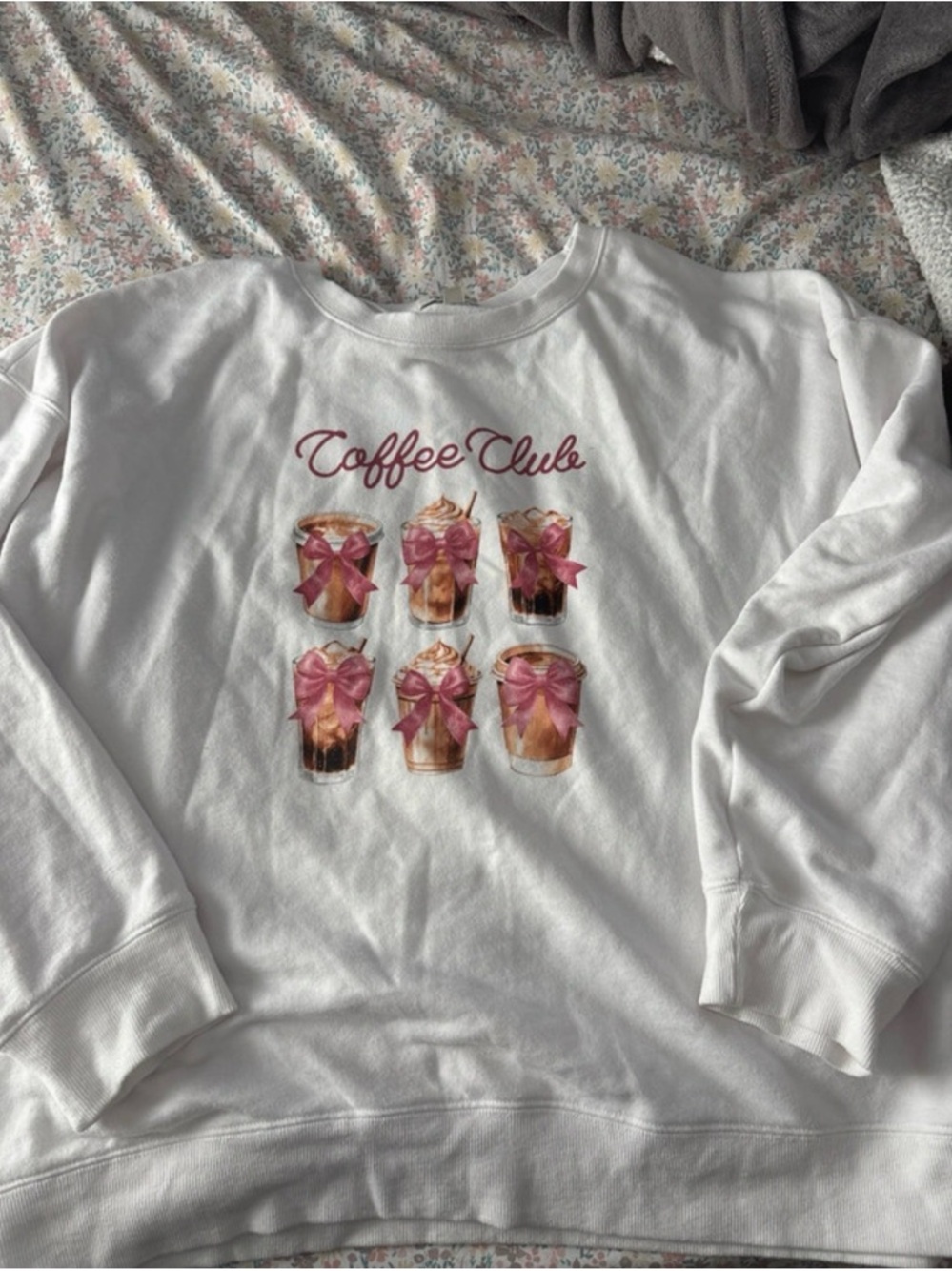 Francesca's Collections White "Coffee Club" Sweatshirt with Pink Accent